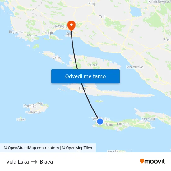 Vela Luka to Blaca map