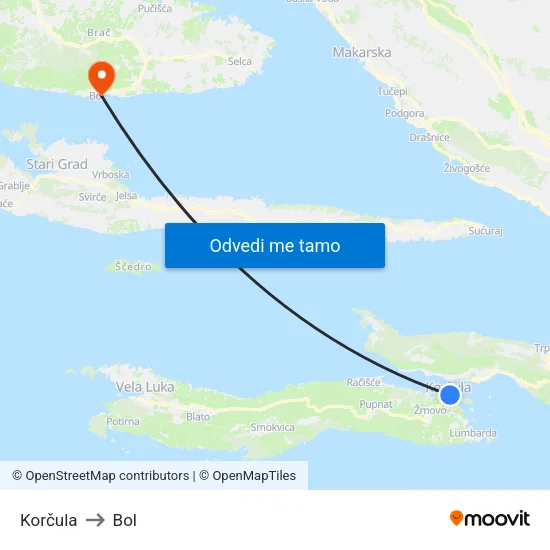 Korčula to Bol map