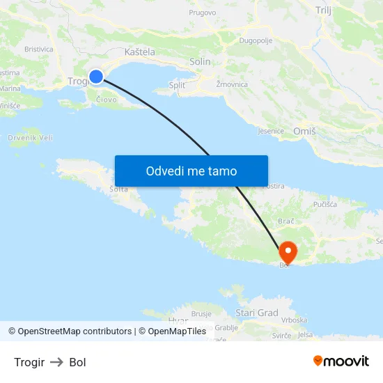 Trogir to Bol map