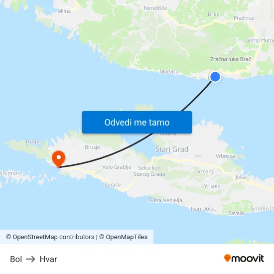 Bol to Hvar map