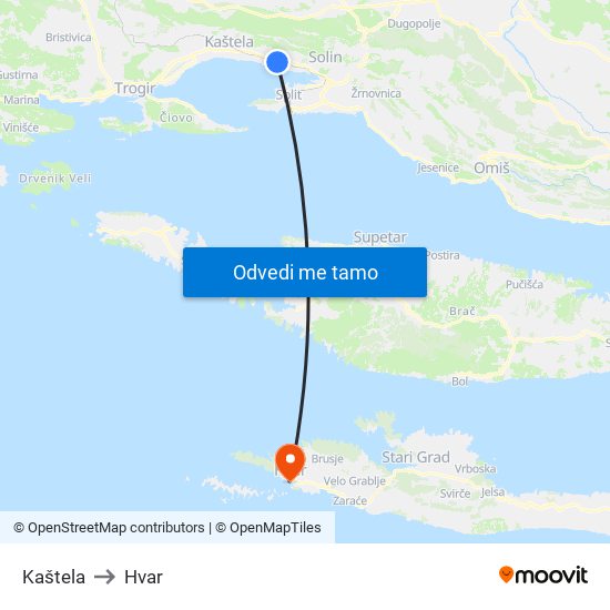 Kaštela to Hvar map