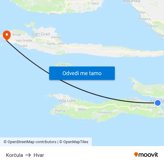 Korčula to Hvar map