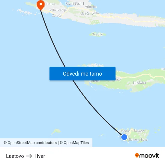 Lastovo to Hvar map