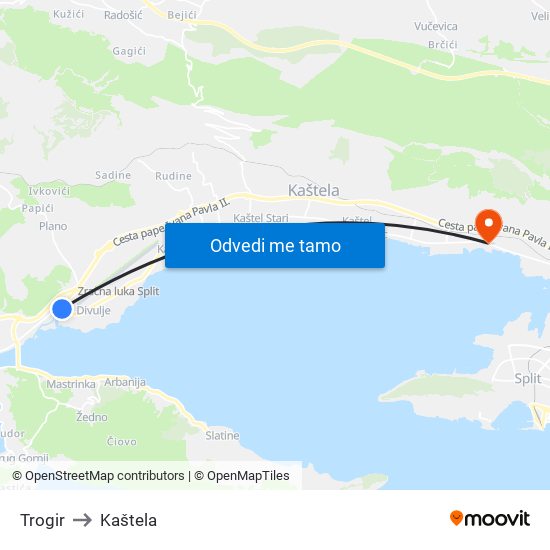 Trogir to Kaštela map
