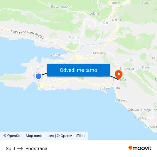 Split to Podstrana map