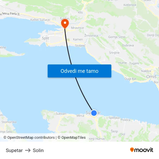 Supetar to Solin map