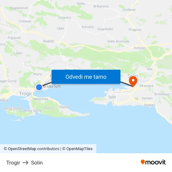 Trogir to Solin map