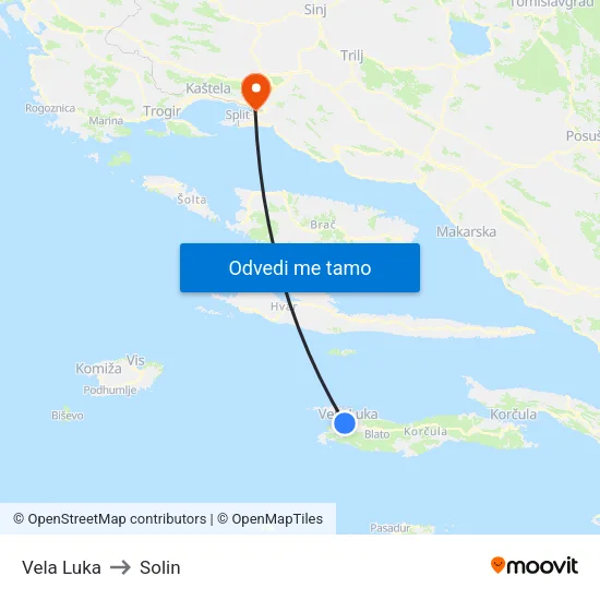Vela Luka to Solin map