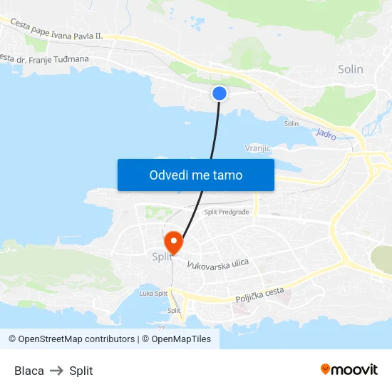 Blaca to Split map