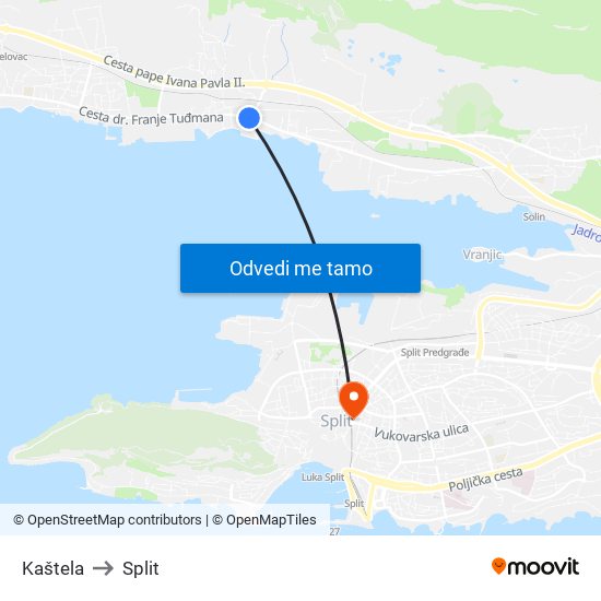 Kaštela to Split map