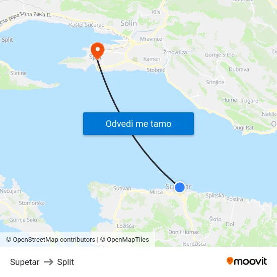 Supetar to Split map