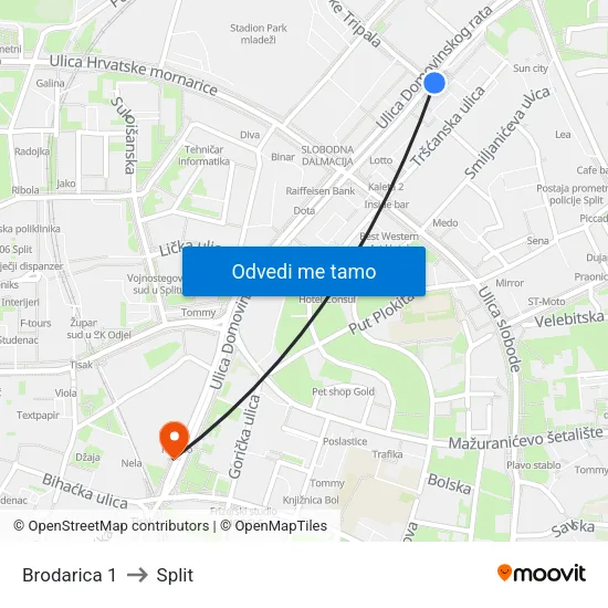 Brodarica 1 to Split map