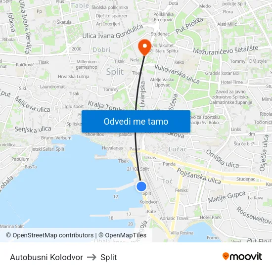 Autobusni Kolodvor to Split map