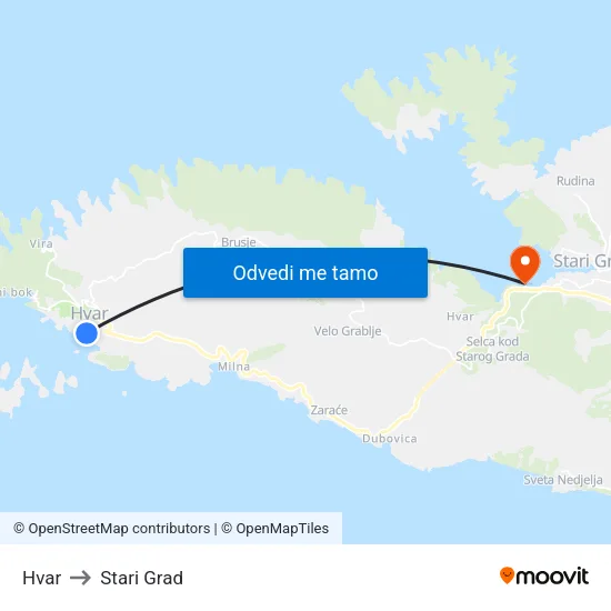 Hvar to Stari Grad map