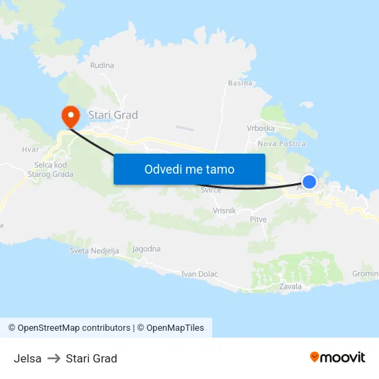 Jelsa to Stari Grad map