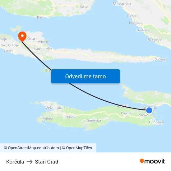 Korčula to Stari Grad map