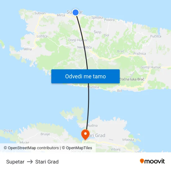 Supetar to Stari Grad map
