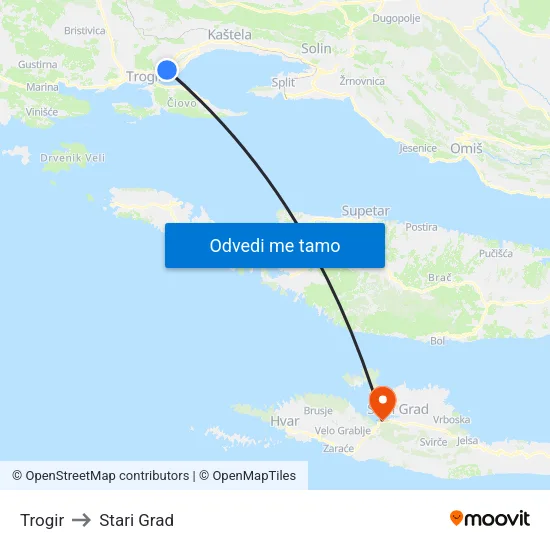 Trogir to Stari Grad map