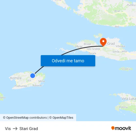 Vis to Stari Grad map