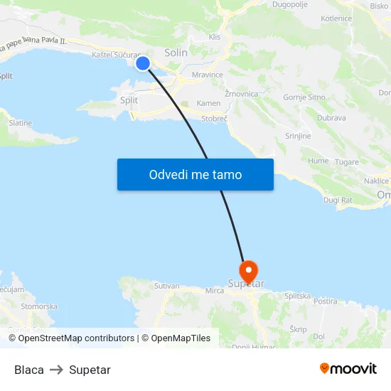 Blaca to Supetar map