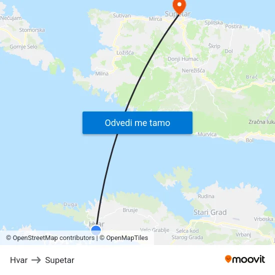 Hvar to Supetar map