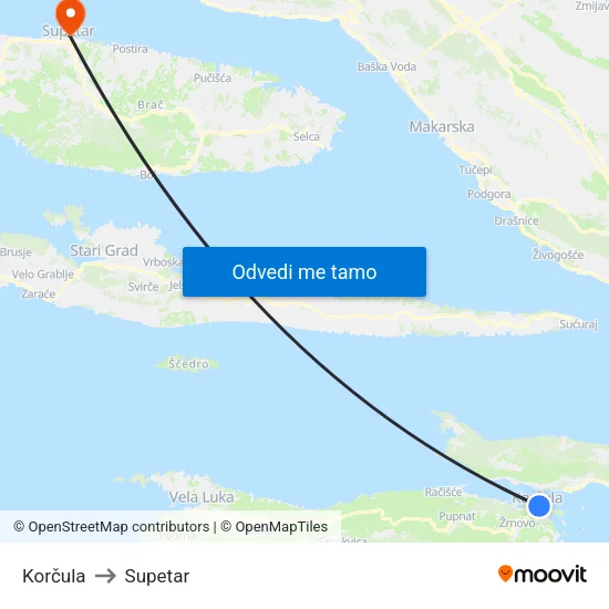 Korčula to Supetar map
