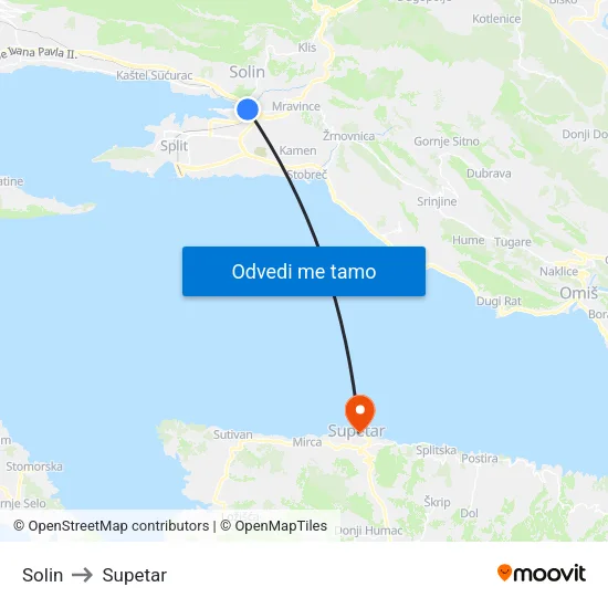 Solin to Supetar map