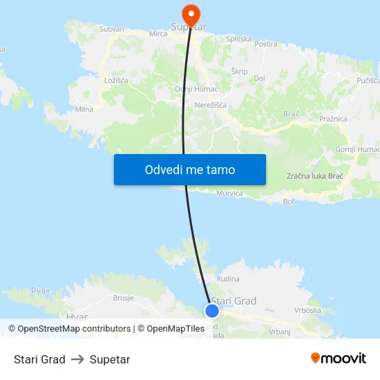 Stari Grad to Supetar map