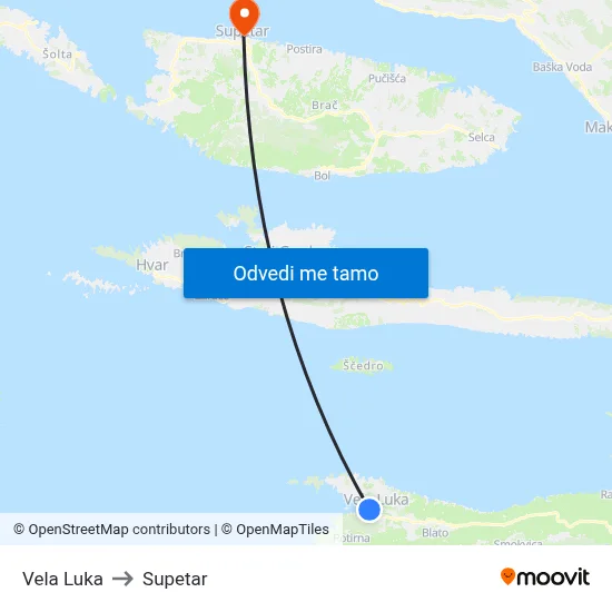 Vela Luka to Supetar map