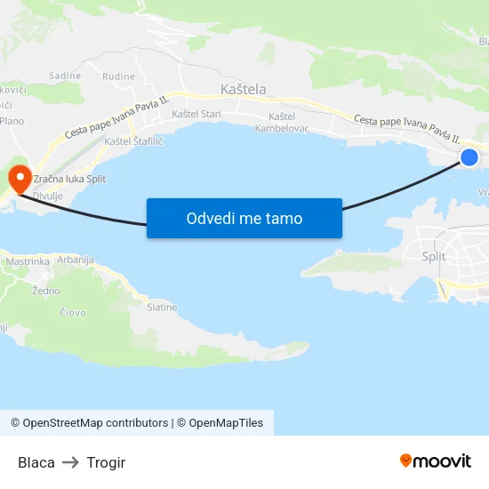 Blaca to Trogir map