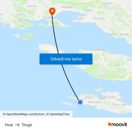 Hvar to Trogir map