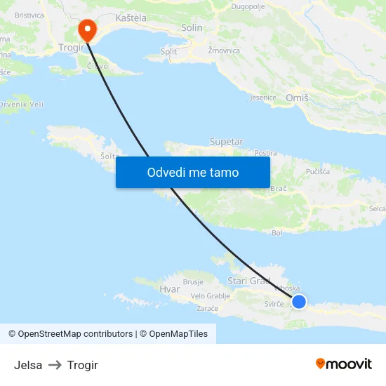 Jelsa to Trogir map