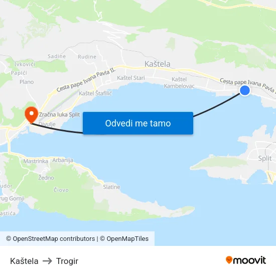 Kaštela to Trogir map
