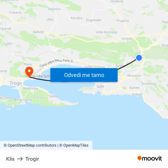 Klis to Trogir map