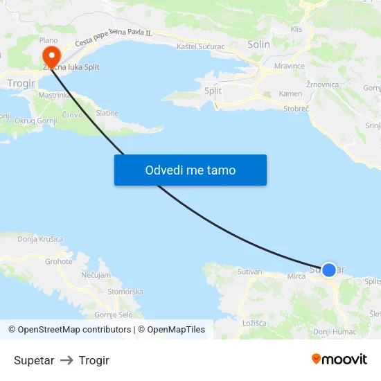 Supetar to Trogir map