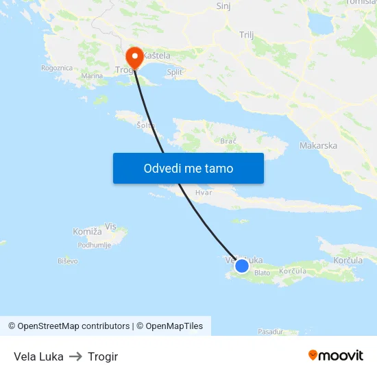 Vela Luka to Trogir map