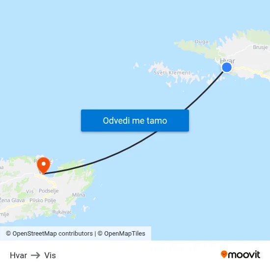 Hvar to Vis map