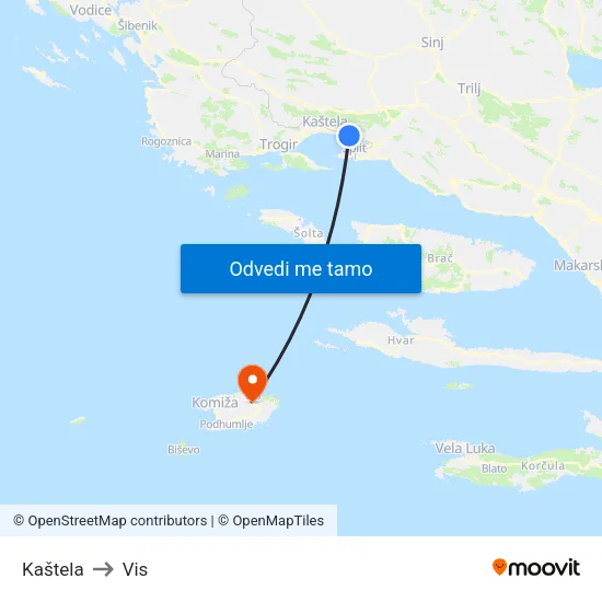 Kaštela to Vis map