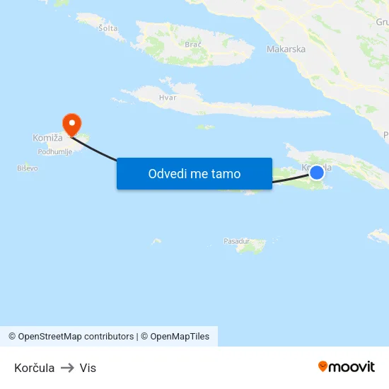 Korčula to Vis map