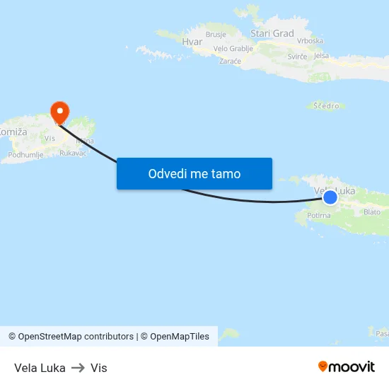 Vela Luka to Vis map