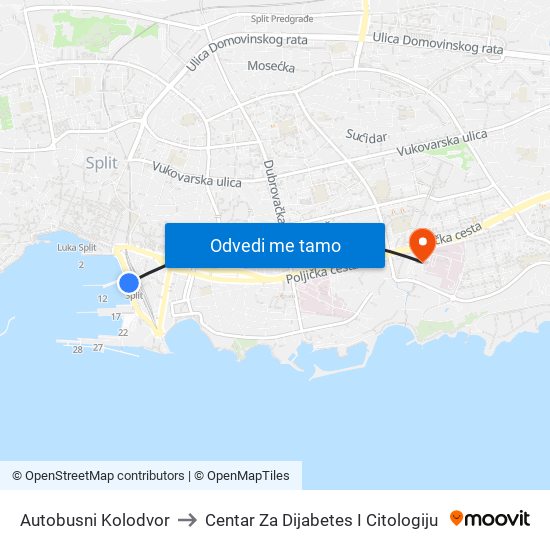 Autobusni Kolodvor to Centar Za Dijabetes I Citologiju map