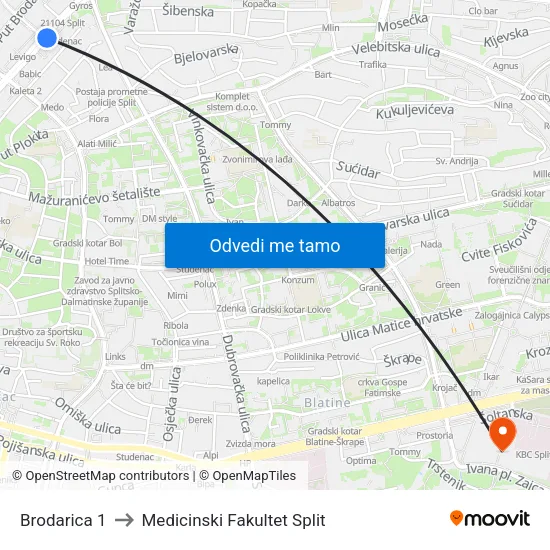 Brodarica 1 to Medicinski Fakultet Split map