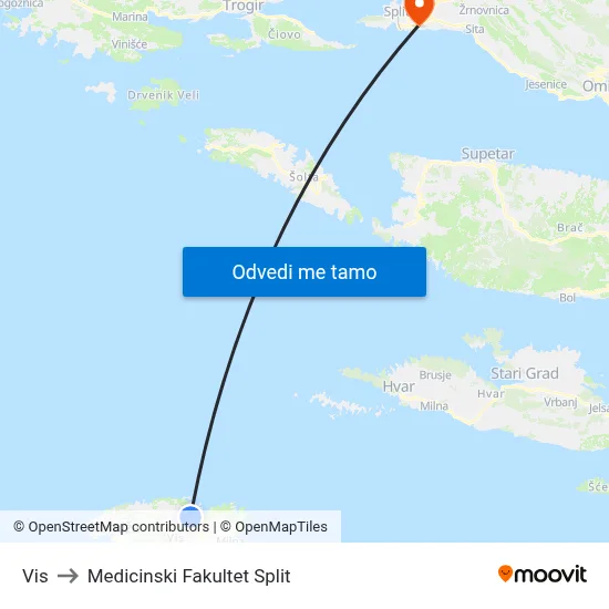 Vis to Medicinski Fakultet Split map