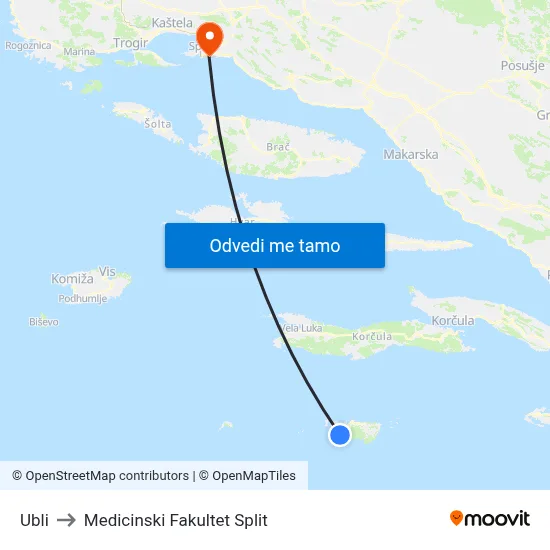 Ubli to Medicinski Fakultet Split map