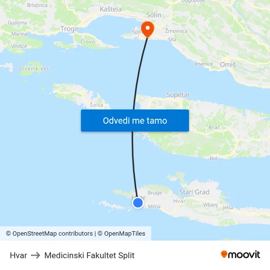 Hvar to Medicinski Fakultet Split map