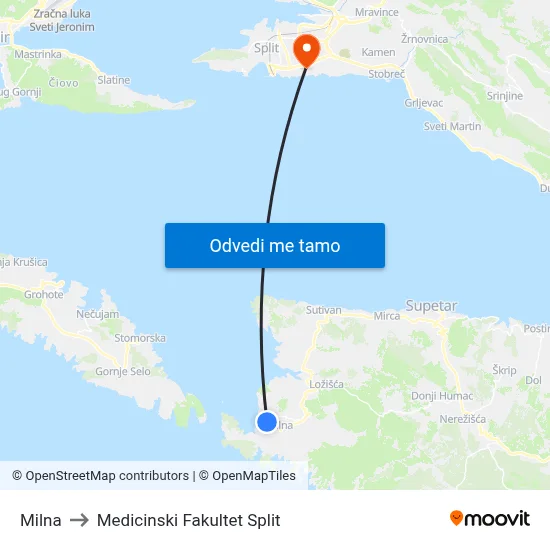 Milna to Medicinski Fakultet Split map