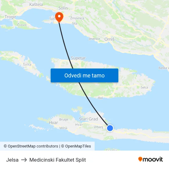 Jelsa to Medicinski Fakultet Split map