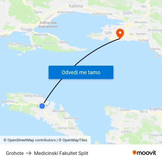 Grohote to Medicinski Fakultet Split map