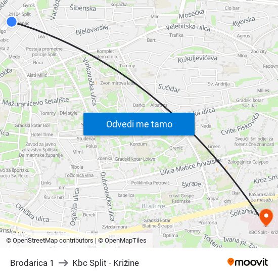 Brodarica 1 to Kbc Split - Križine map