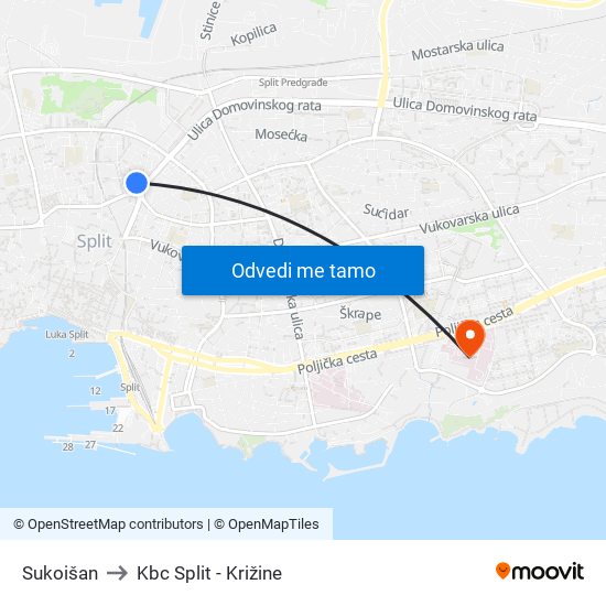 Sukoišan to Kbc Split - Križine map